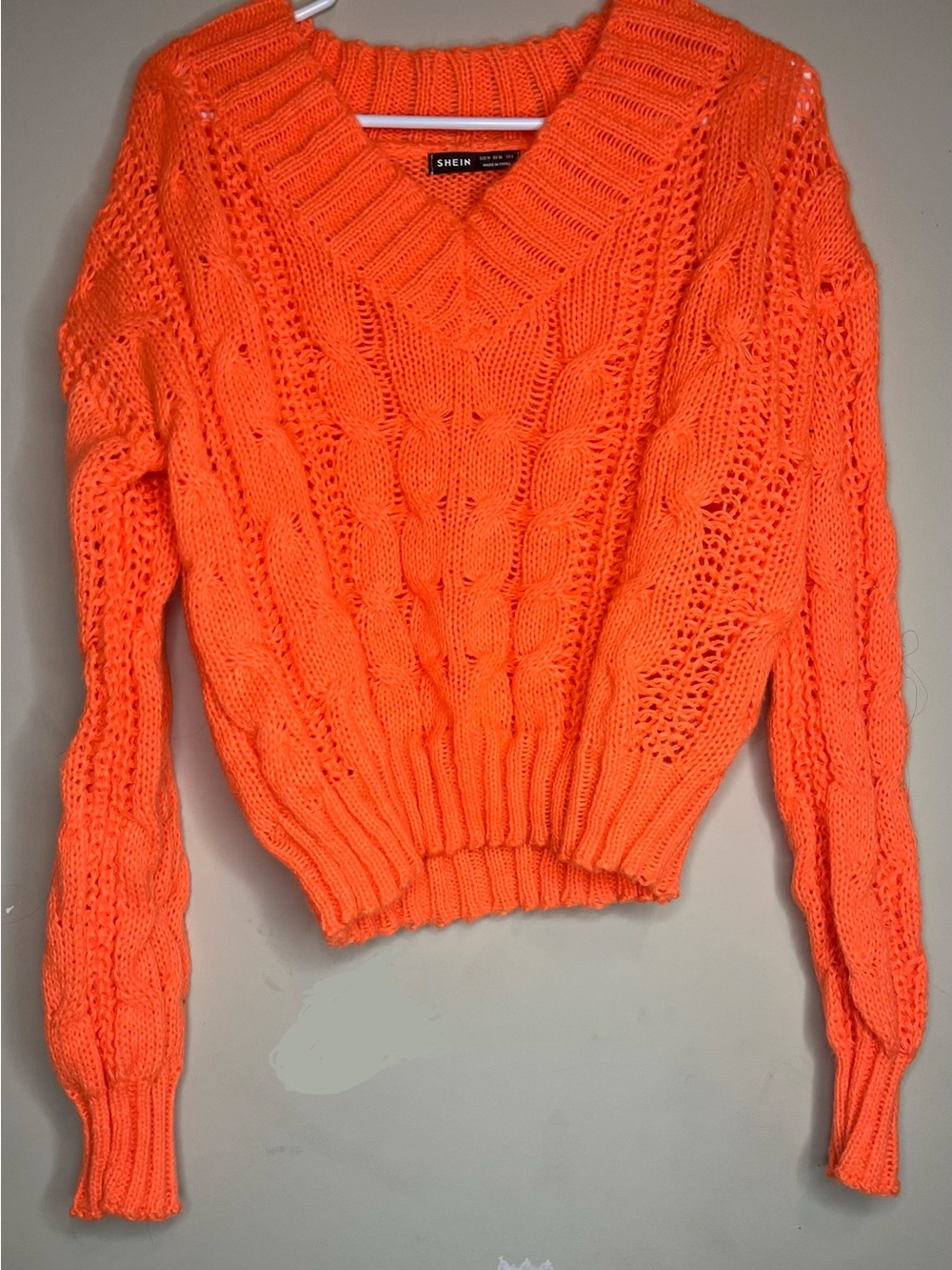 SHEIN Neon Orange Cable Knit V-Neck Sweater